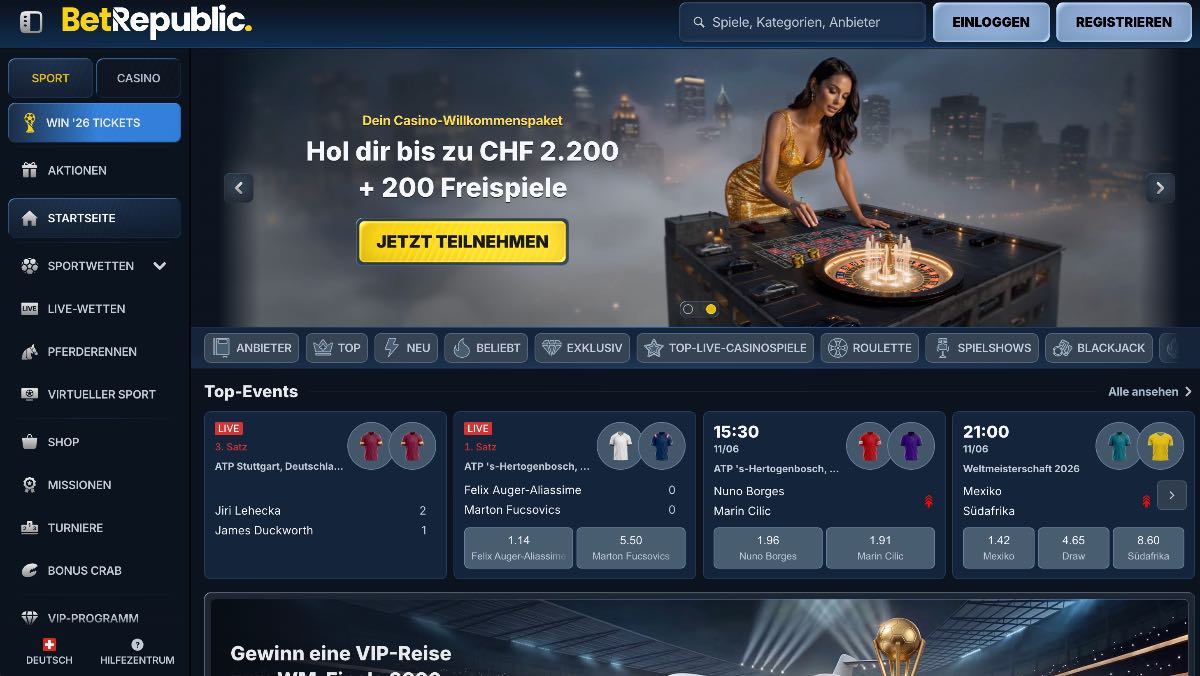 Betrepublic sticht im Vergleich durch seine besonders tiefgehende Echtgeld-Lobby hervor. Dieses Online-Casino ist die perfekte Wahl für Nutzer, die das Flair echter Spielbanken schätzen und ihren Fokus gezielt auf ein stark ausgebautes Live-Casino legen.