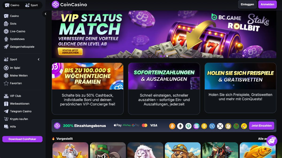 CoinCasino bricht mit klassischen Strukturen und fokussiert sich als modernes echtgeld casinos schweiz voll und ganz auf Kryptowährungen. Neben reinen Krypto-Einsätzen profitieren Spieler hier von extrem schnellen Auszahlungsfenstern, die Gewinne nahezu verzögerungsfrei transferieren.