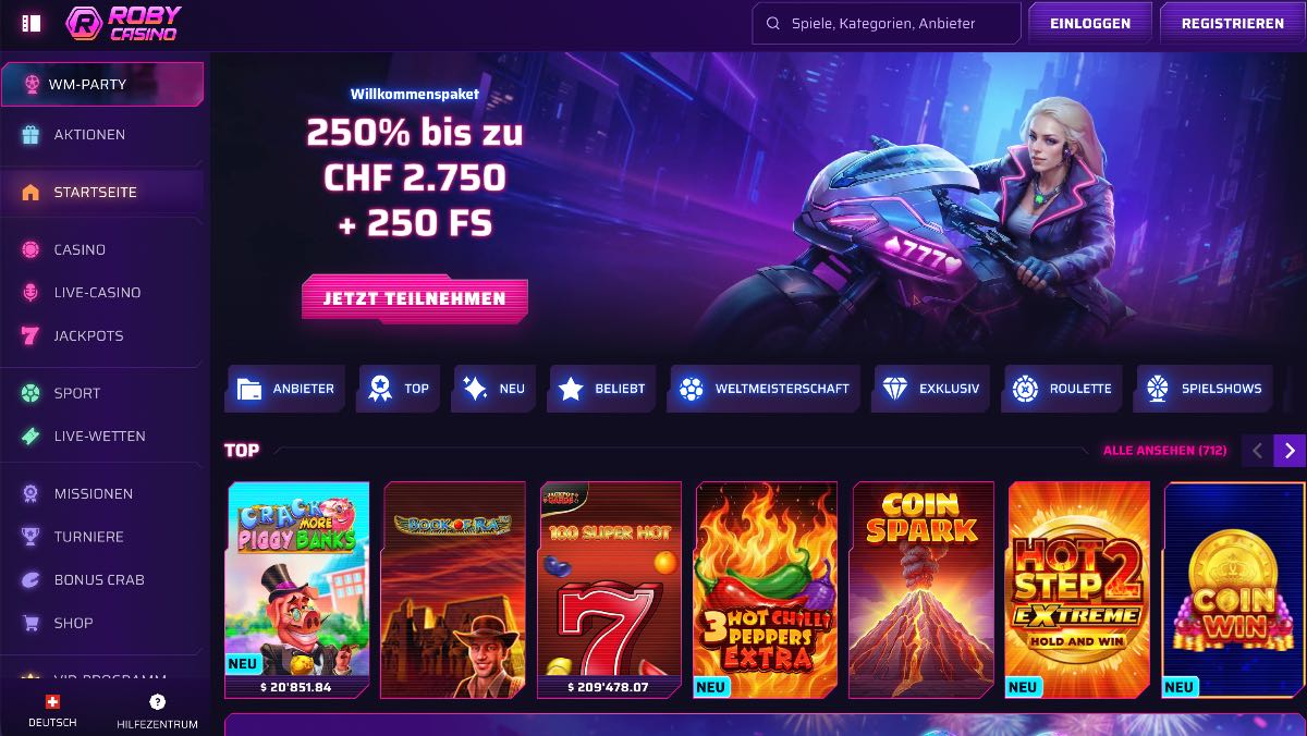 Roby Casino macht den Einstieg in die Welt der echtgeld casinos schweiz besonders leicht. Mit einem großzügigen Echtgeld-Startpaket, das bereits ab einer Mindesteinzahlung von 20 Franken aktiviert werden kann, und einer breiten Auswahl an Zahlungsmethoden holt der Anbieter jeden Spielertyp ab.